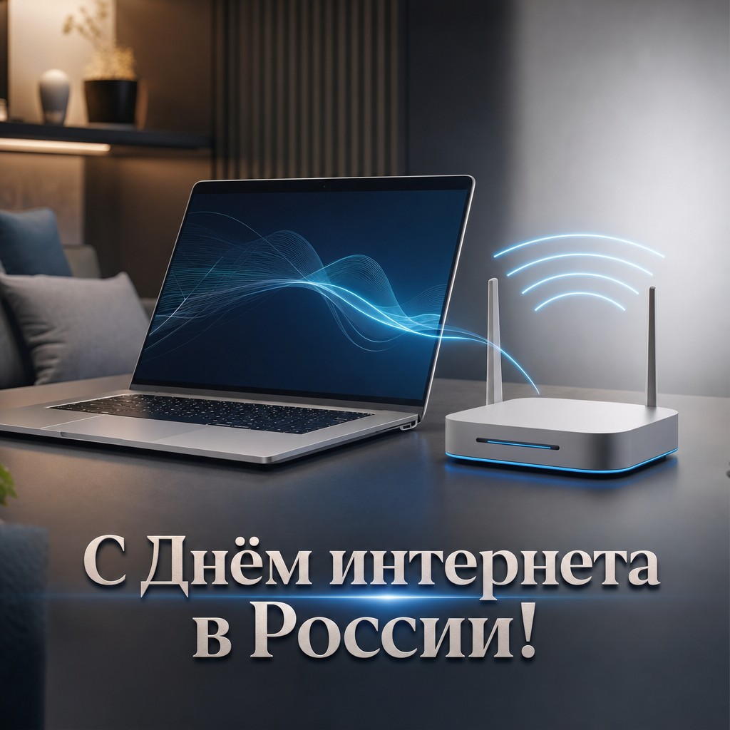 Премиальная открытка ко Дню интернета в России с ноутбуком, роутером и мягким синим свечением.