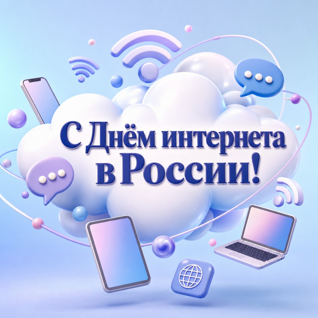 Яркая 3D открытка ко Дню интернета в России с облаком данных, Wi‑Fi и мягкими пастельными цветами.