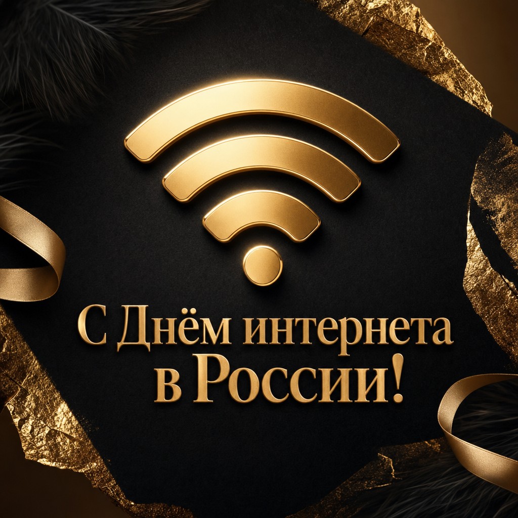 Элегантная открытка ко Дню интернета в России с золотым Wi‑Fi символом в премиальном стиле.