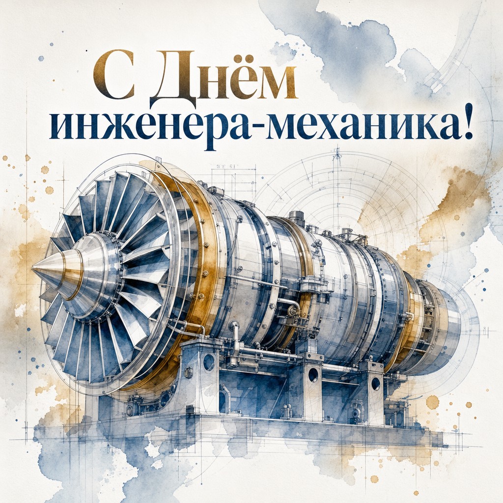 Акварельная открытка на День инженера-механика с турбиной, чертёжными линиями и мягкой голубой палитрой.