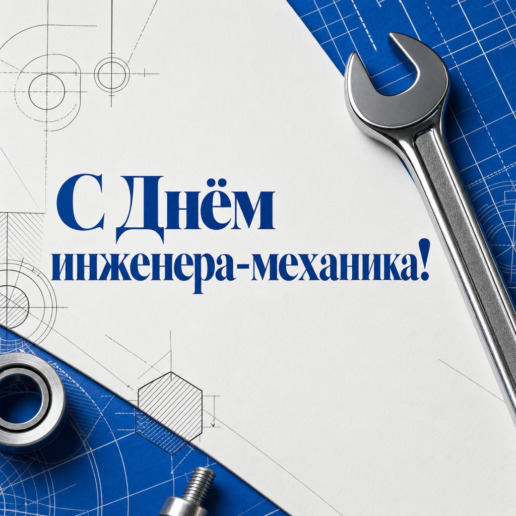 Современная открытка на День инженера-механика с гаечным ключом, сеткой чертежа и строгой графикой.