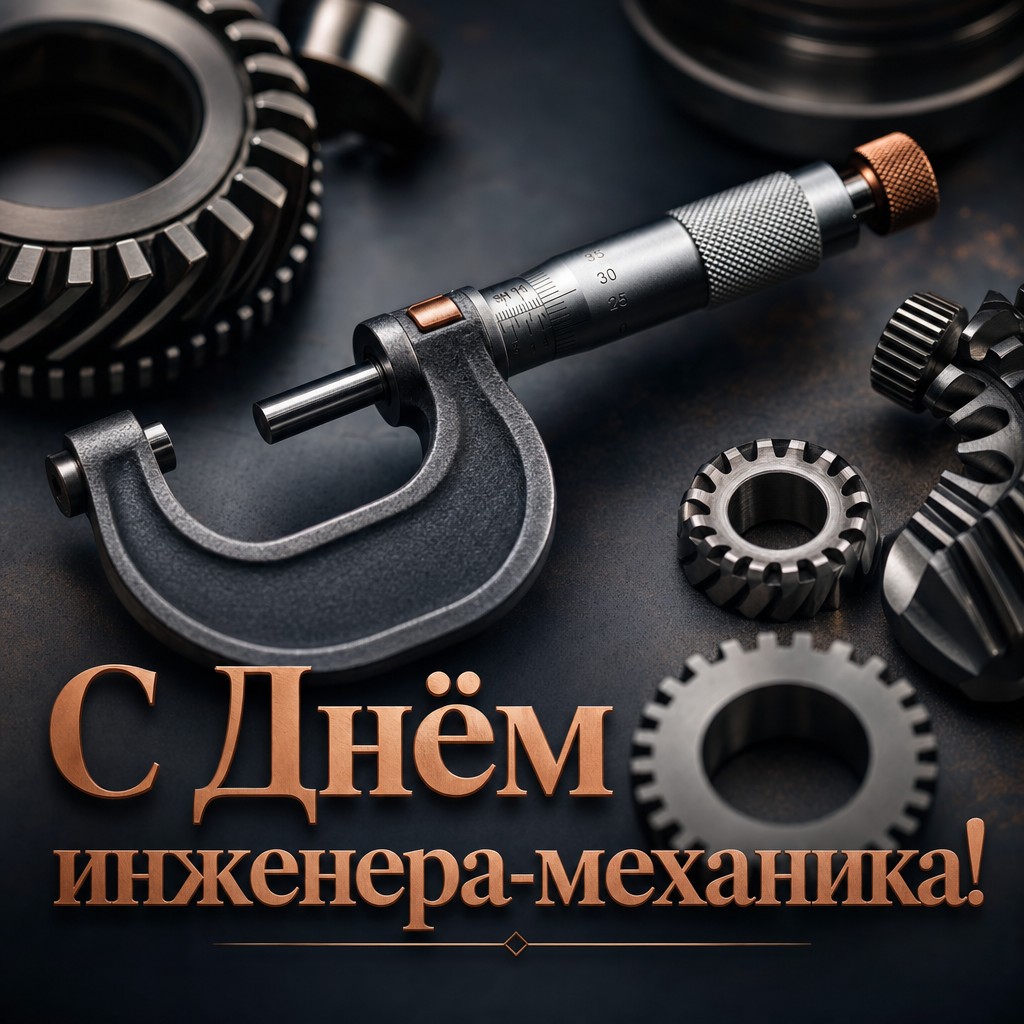 Стильная открытка на День инженера-механика с микрометром, шестернями и премиальной индустриальной эстетикой.