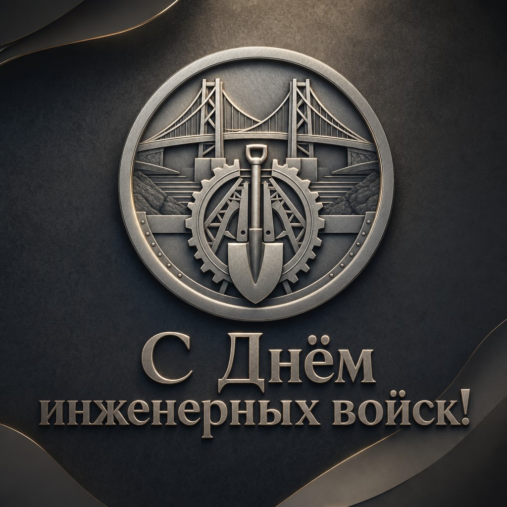 Элегантная открытка ко Дню инженерных войск с рельефной медалью, мостом и шестернёй.