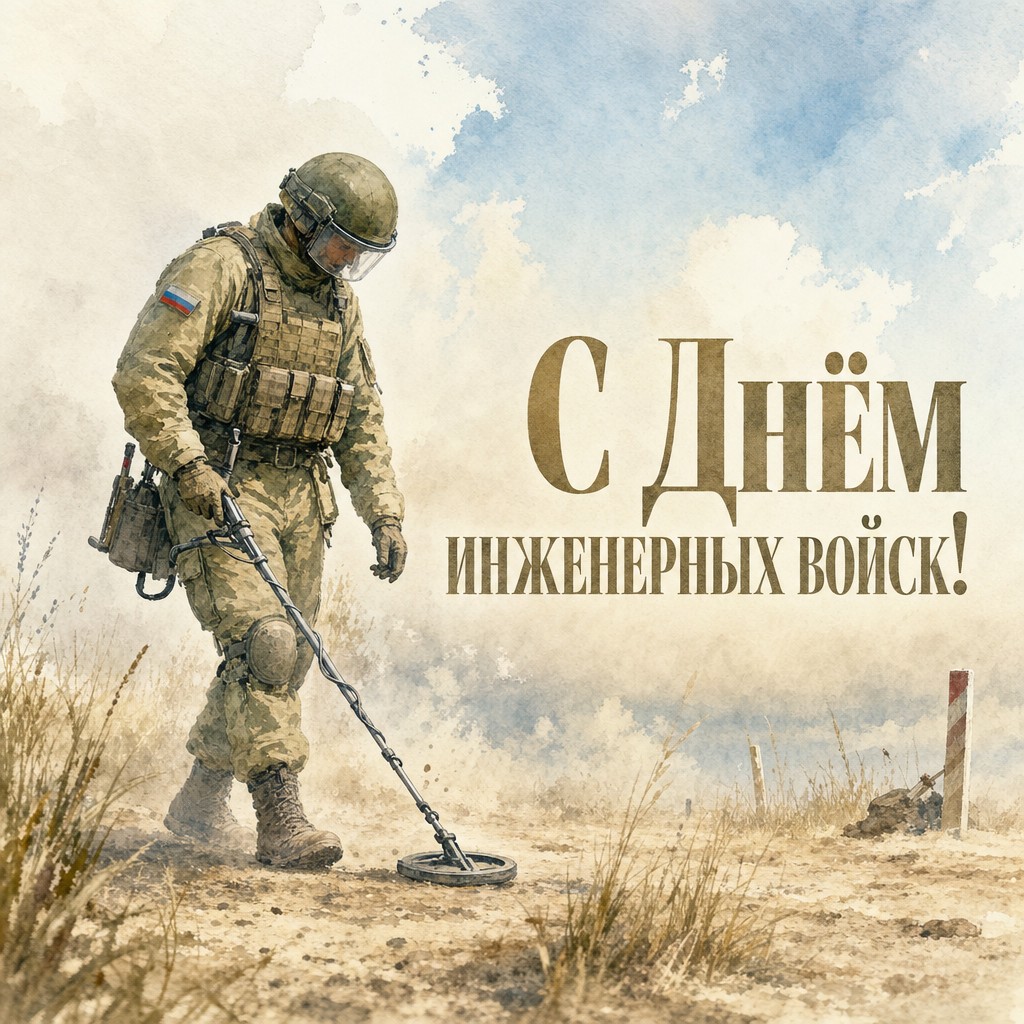 Нежная акварельная открытка ко Дню инженерных войск с сапёром и металлоискателем в спокойной палитре.