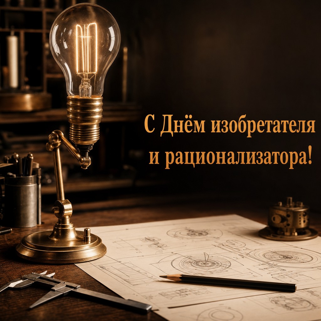 Премиальная открытка к Дню изобретателя и рационализатора с лампой идеи, чертежами и тёплым светом.