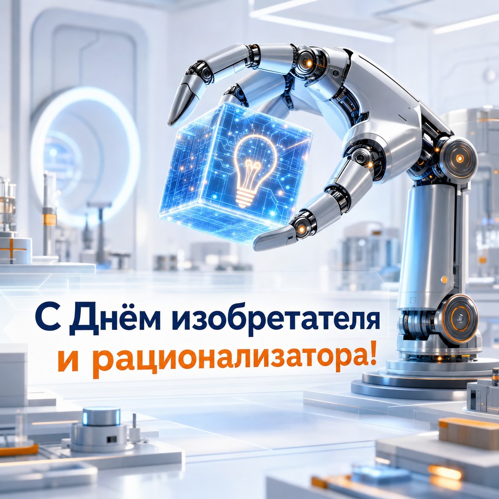 Футуристичная открытка к Дню изобретателя и рационализатора с роборукой, прототипом и чистой 3D-эстетикой.