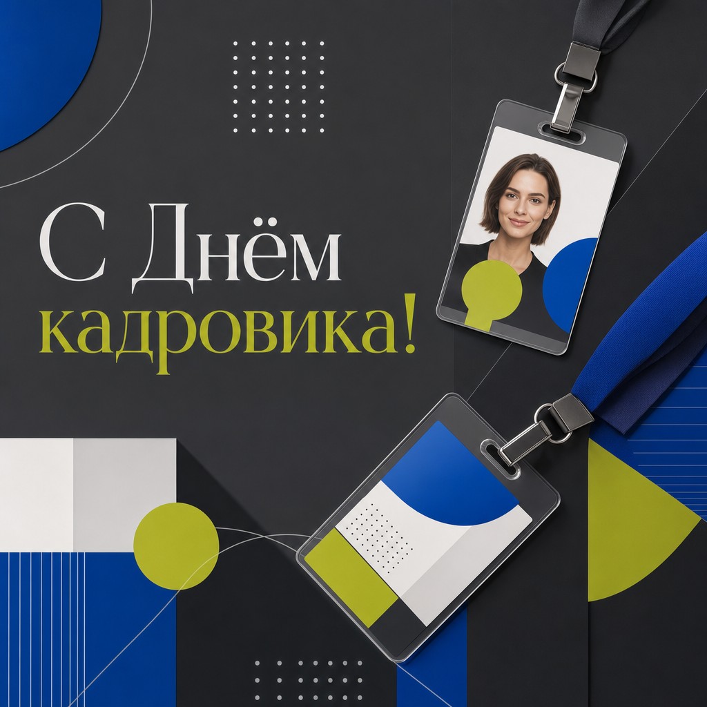 Современная открытка на День кадровика с офисными бейджами и чистой геометричной композицией.