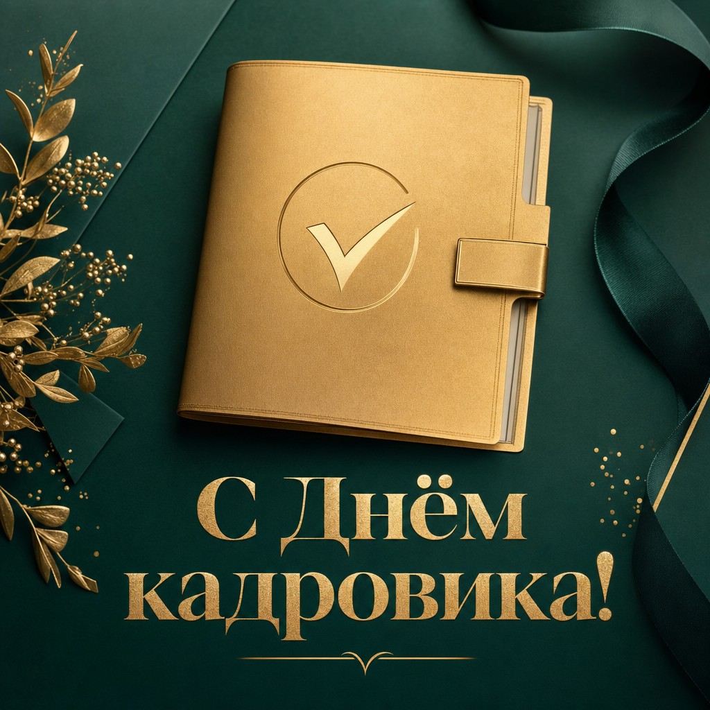 Стильная премиальная открытка на День кадровика с золотой папкой и изумрудным фоном.