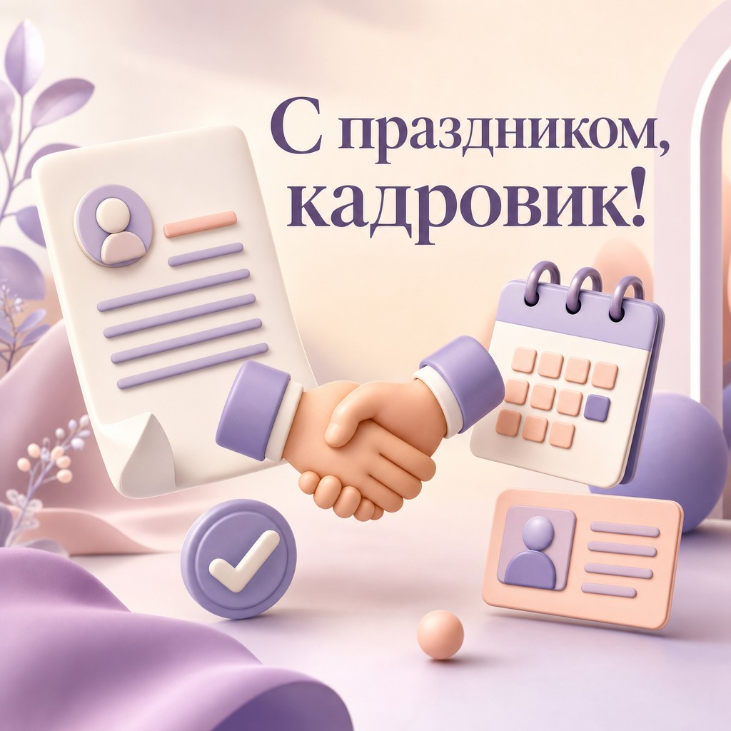 Яркая 3D-открытка ко Дню кадрового работника с иконками резюме, рукопожатия, календаря и бейджа.