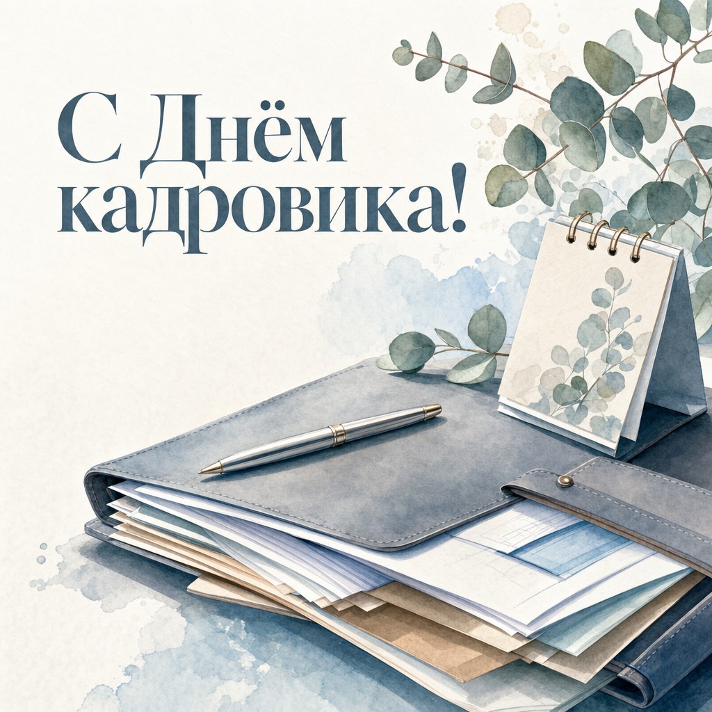 Лёгкая акварельная открытка ко Дню кадрового работника с офисной папкой, документами и эвкалиптом.