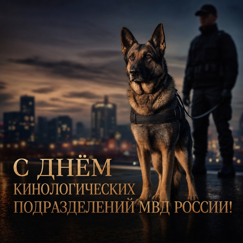 Премиальная открытка с немецкой овчаркой и кинологом ко Дню кинологических подразделений МВД России.