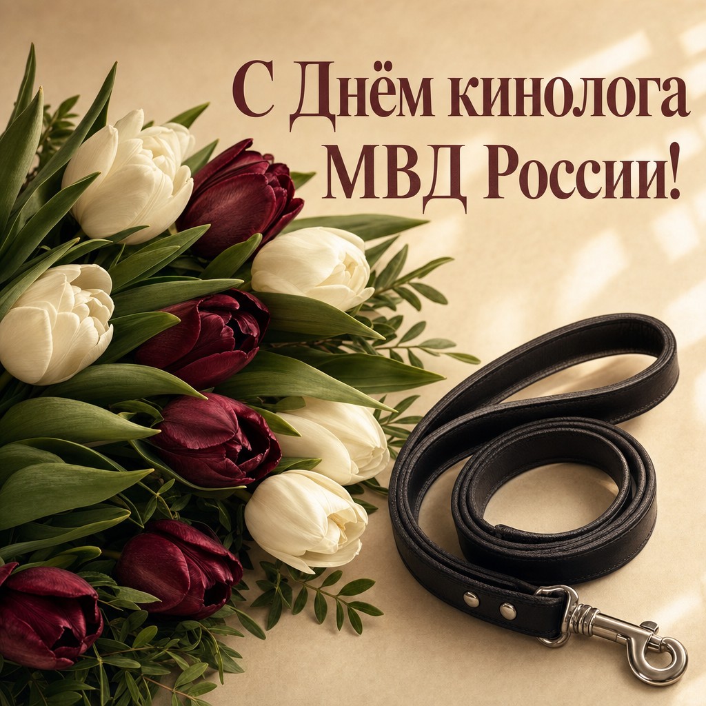 Элегантная открытка с тюльпанами и поводком для поздравления кинологов МВД России.