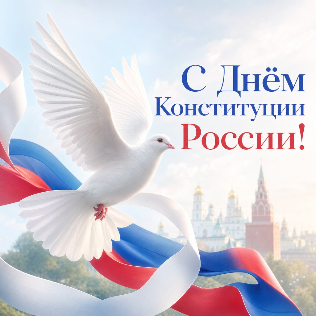 Мягкая пастельная открытка ко Дню Конституции России с белым голубем и триколорной лентой.