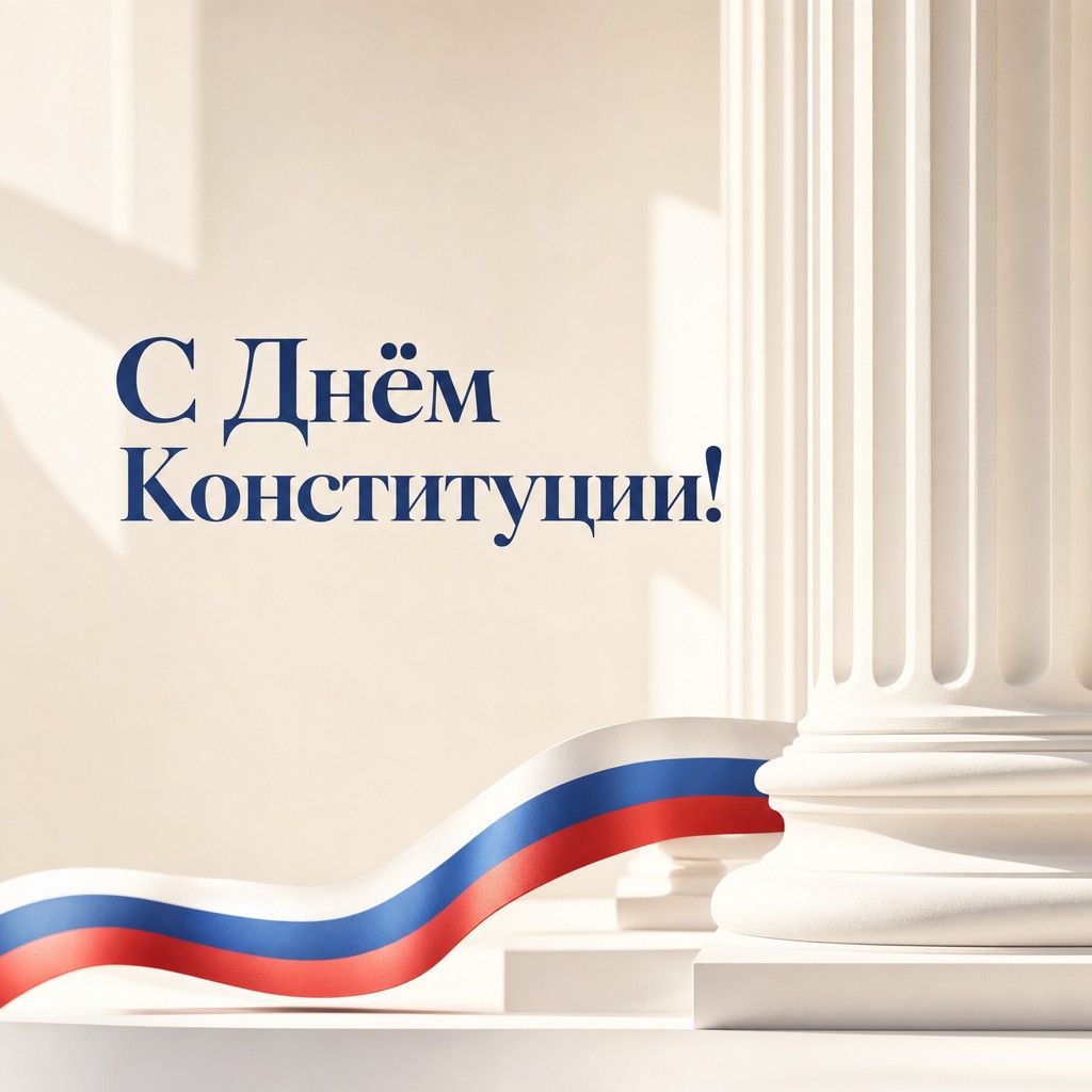 Стильная минималистичная открытка ко Дню Конституции России с белыми колоннами и триколором.