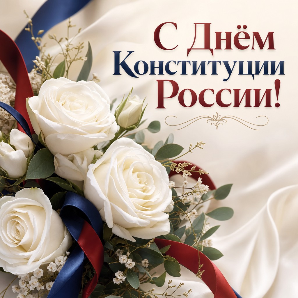 Нежная открытка ко Дню Конституции России с белыми розами и лентами триколора.
