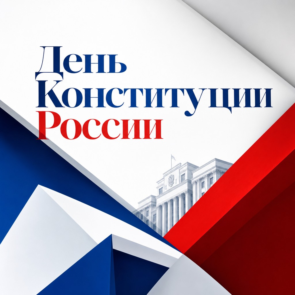 Современная открытка ко Дню Конституции России с геометрической композицией триколора.