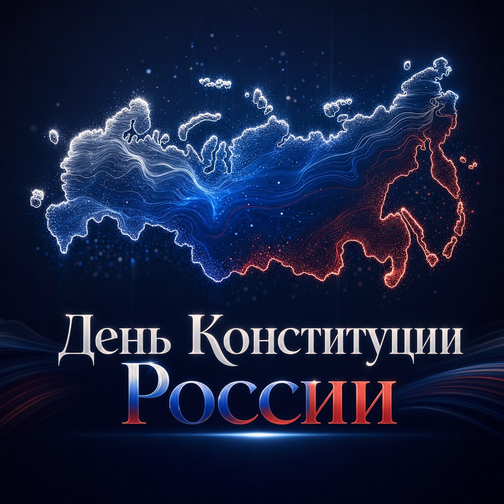Современная открытка ко Дню Конституции России со светящимся контуром карты страны.