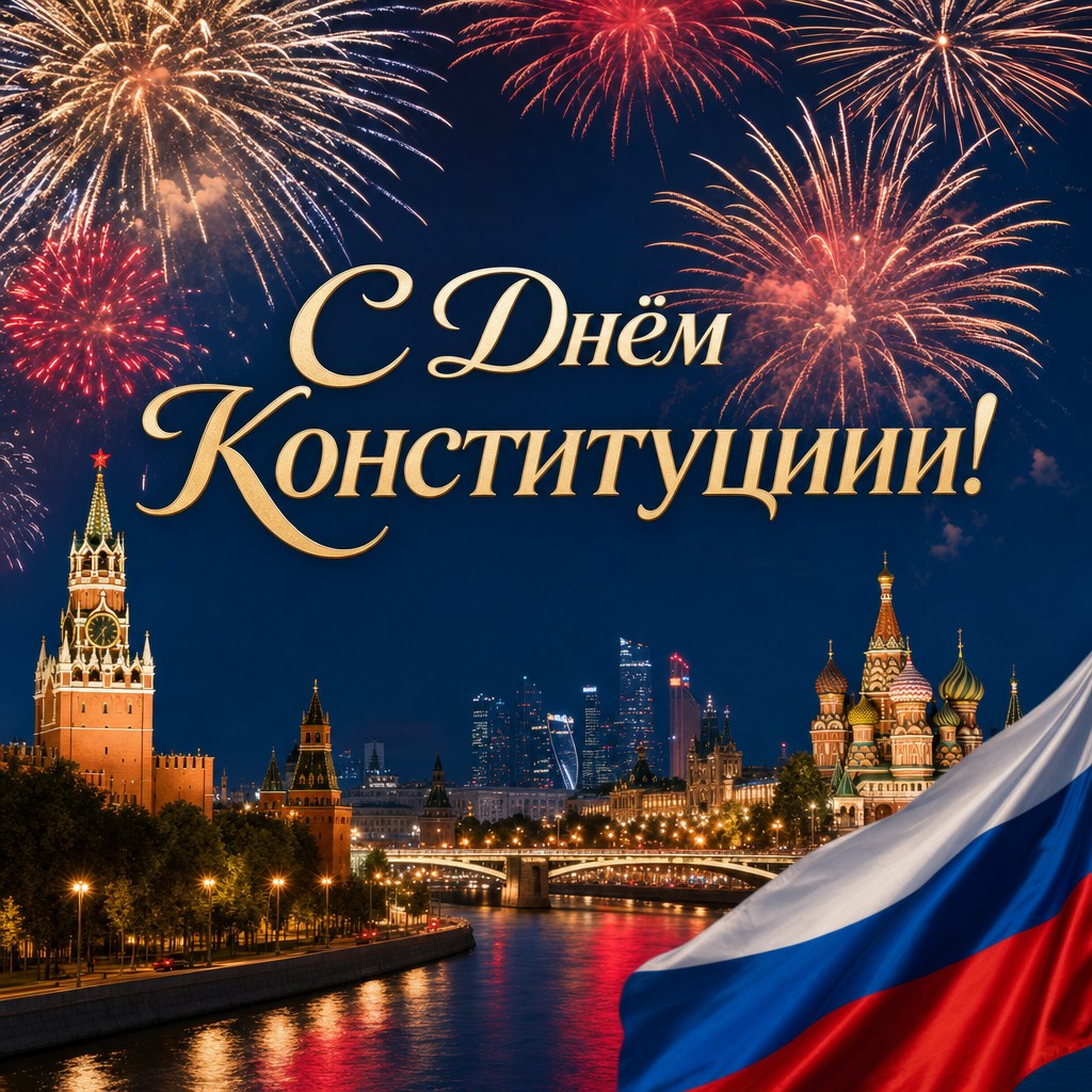 Яркая праздничная открытка ко Дню Конституции России с салютом над вечерней Москвой.