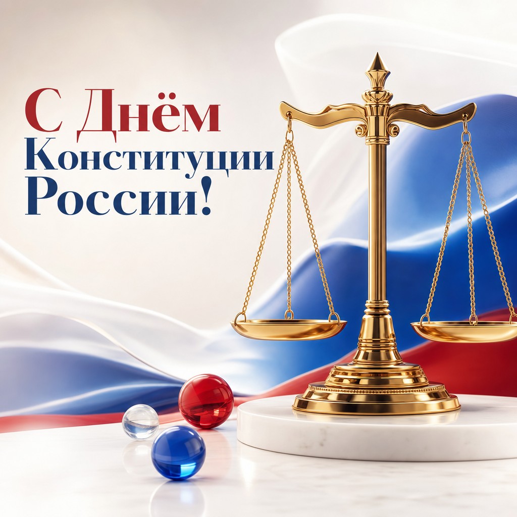 Современная открытка ко Дню Конституции России с золотыми весами правосудия.