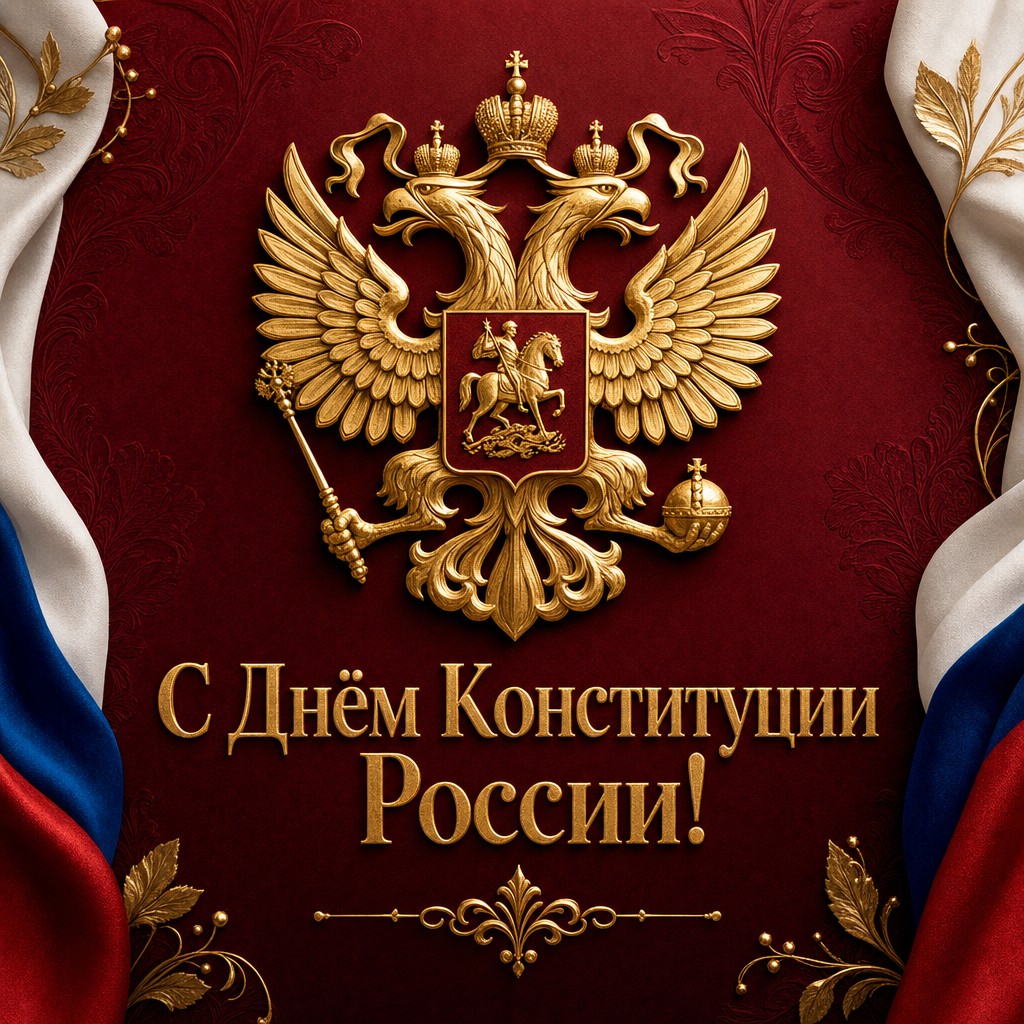 Премиальная открытка ко Дню Конституции России с золотым орнаментом на красном фоне.