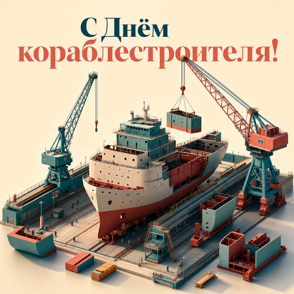 Современная 3D открытка на День кораблестроителя со строящимся судном, доком и портальными кранами.