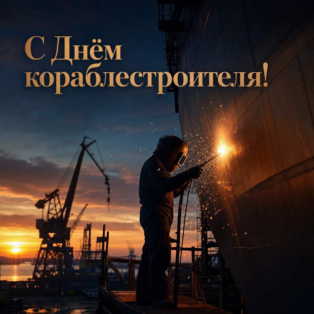 Стильная открытка на День кораблестроителя с верфью, корпусом корабля и яркими сварочными искрами.