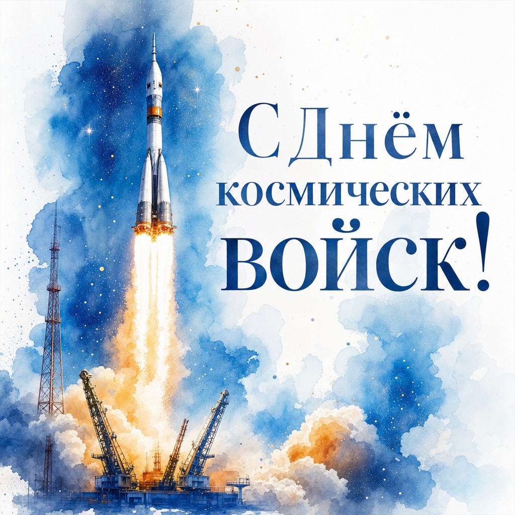 Нежная акварельная открытка на День космических войск с ракетой, дымом старта и звездами.