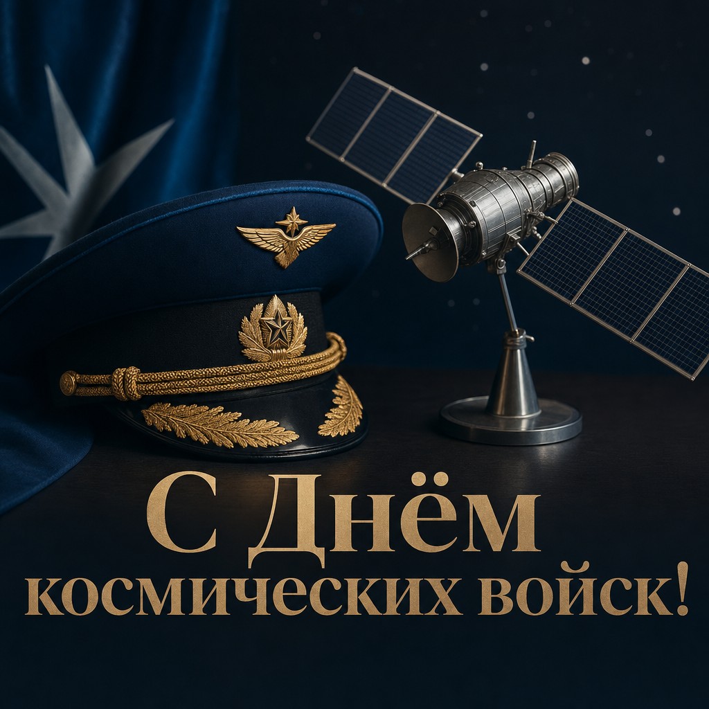 Стильная открытка на День космических войск с фуражкой, спутником и глубоким космическим фоном.