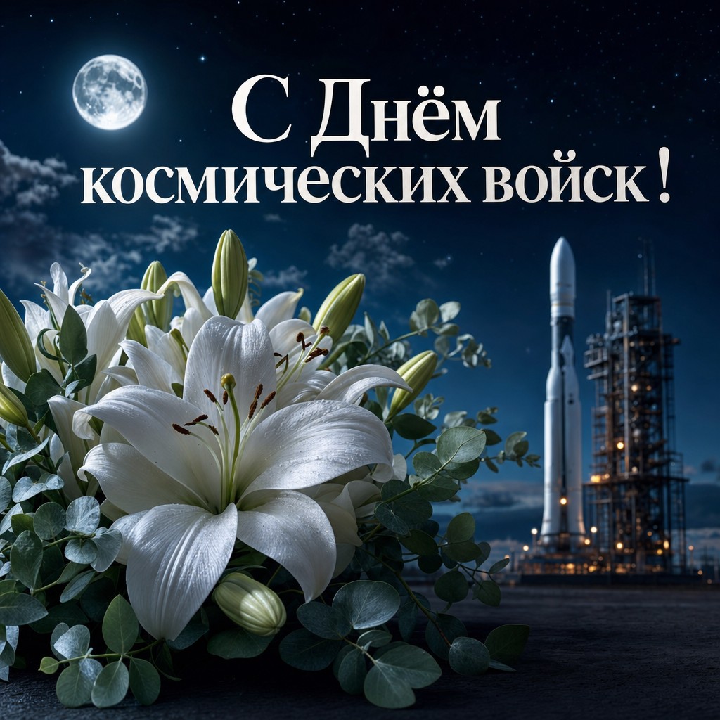 Элегантная открытка на День космических войск с белыми лилиями, ракетой и звездным небом.