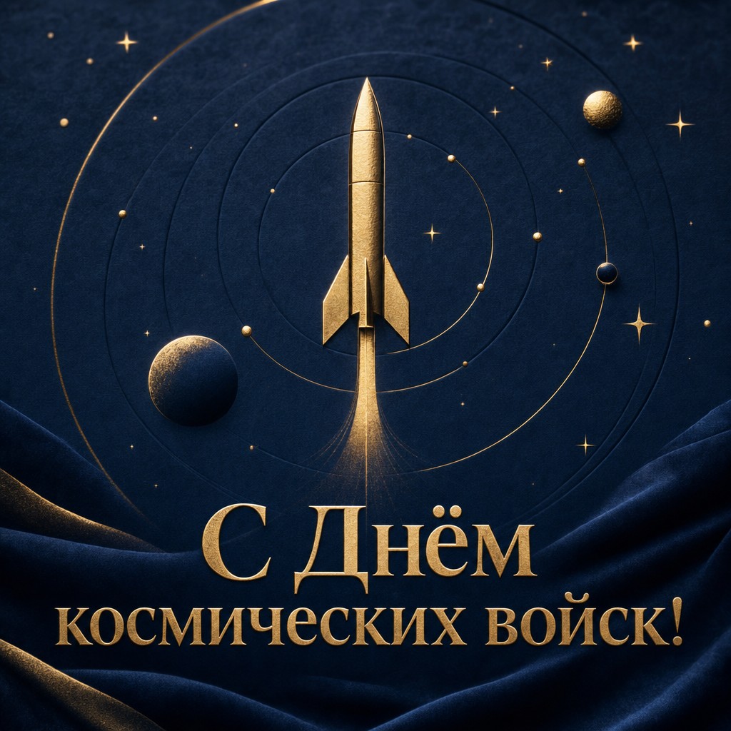 Премиальная открытка на День космических войск с золотой ракетой и тонкими орбитальными линиями.