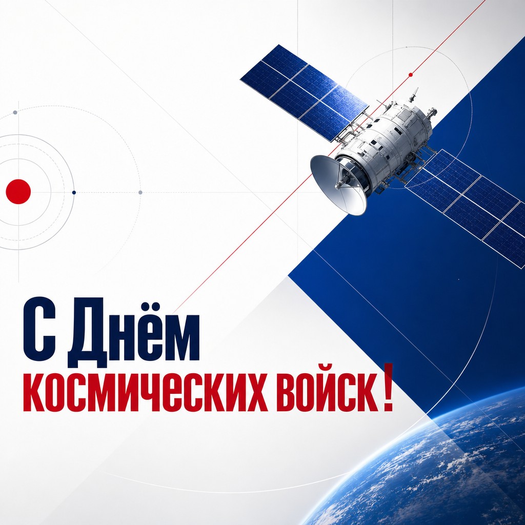 Современная открытка на День космических войск со спутником, орбитальными линиями и чистой графикой.