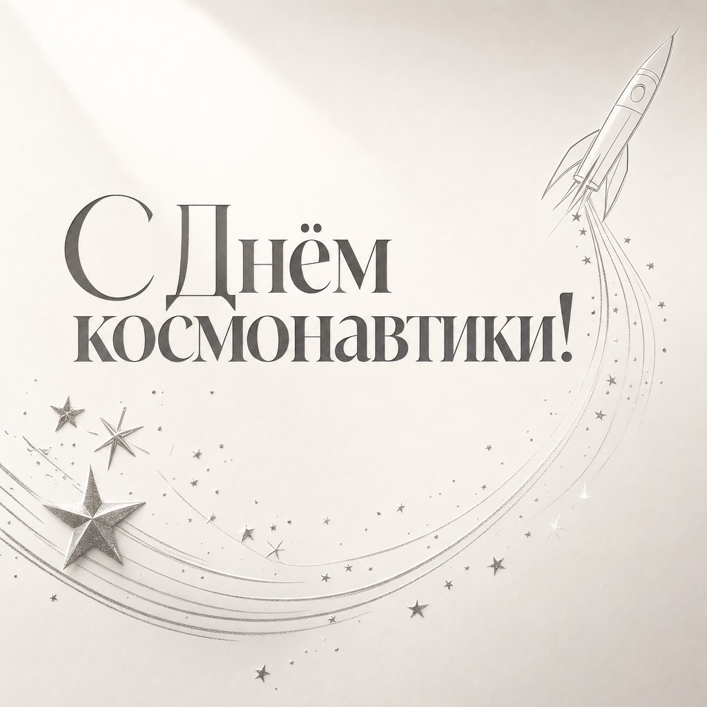 Современная лаконичная открытка ко Дню космонавтики с тонким контуром ракеты и звёздной линией.