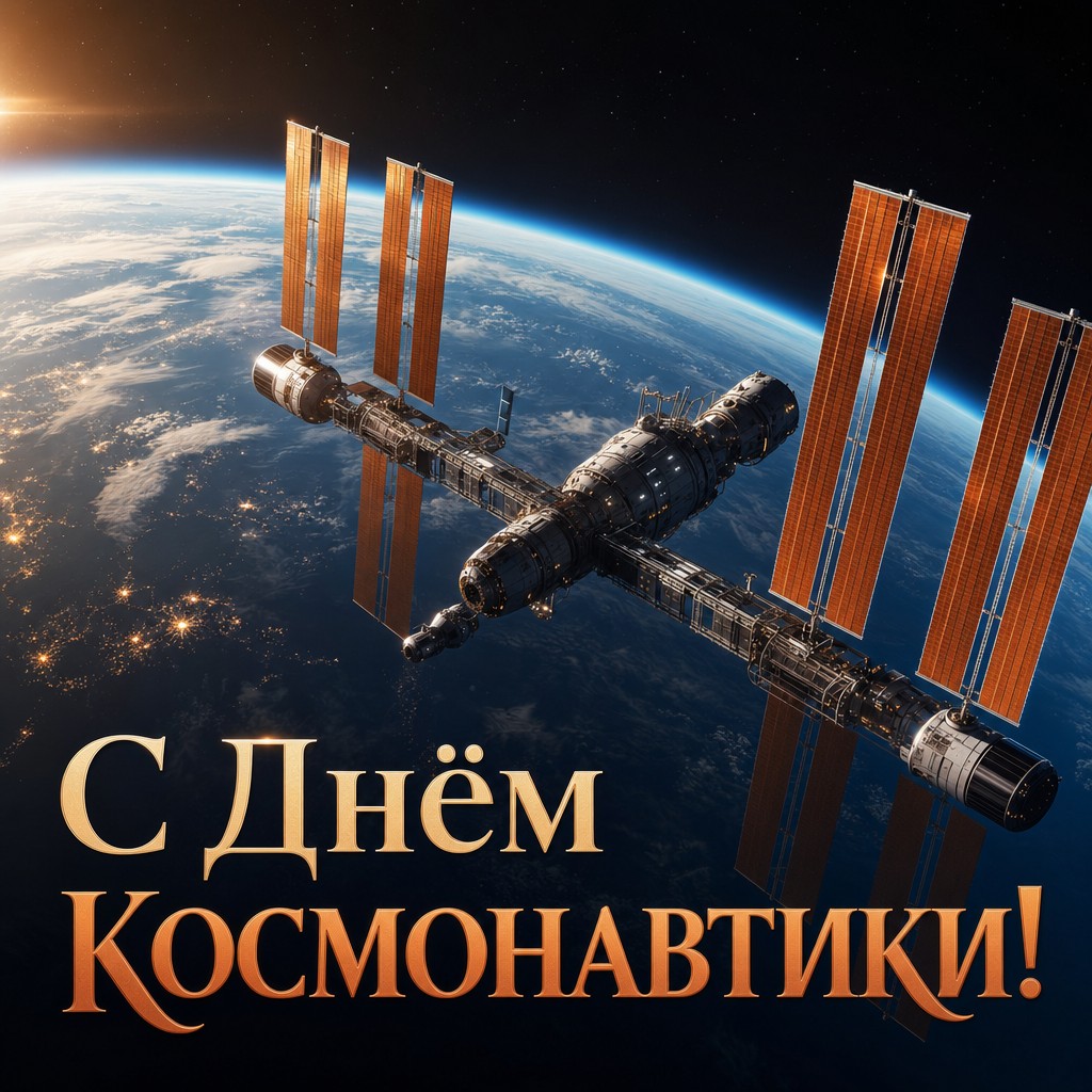 Открытка ко Дню космонавтики с орбитальной станцией, солнечными панелями и горизонтом Земли.
