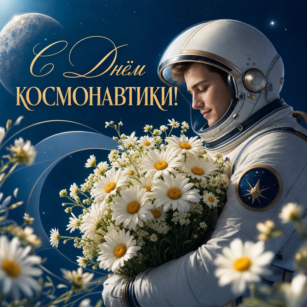 Трогательная открытка ко Дню космонавтики с космонавтом и букетом ромашек в светлой палитре.