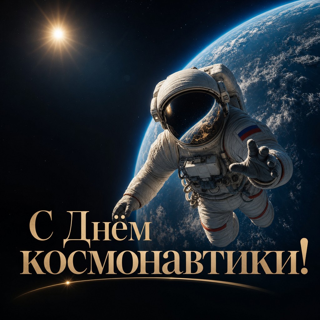 Поздравительная открытка ко Дню космонавтики с космонавтом на орбите и видом на Землю.
