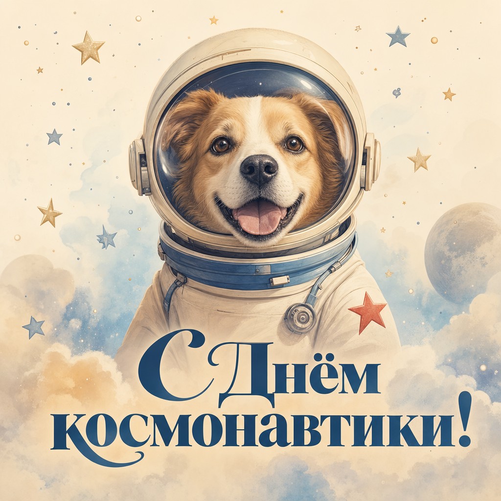 Добрая открытка ко Дню космонавтики с собакой в скафандре, пастельными звёздами и мягкой палитрой.