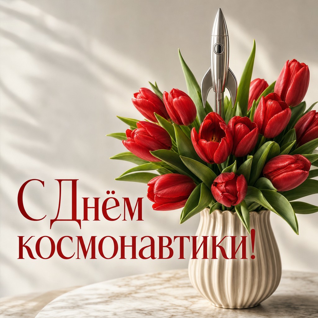 Свежая открытка ко Дню космонавтики с букетом тюльпанов и миниатюрной ракетой.
