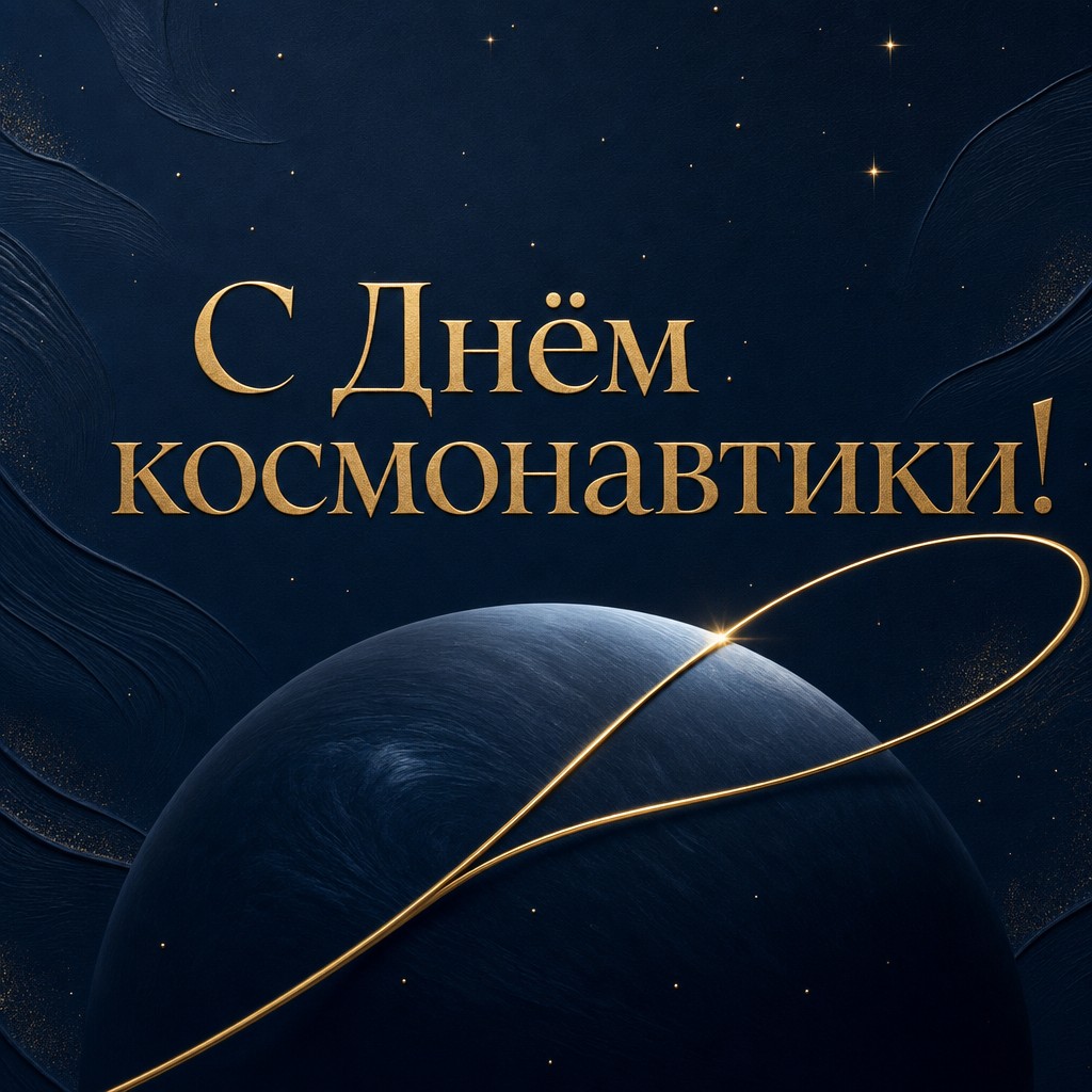 Элегантная открытка ко Дню космонавтики с золотой орбитой, планетой и глубоким синим фоном.