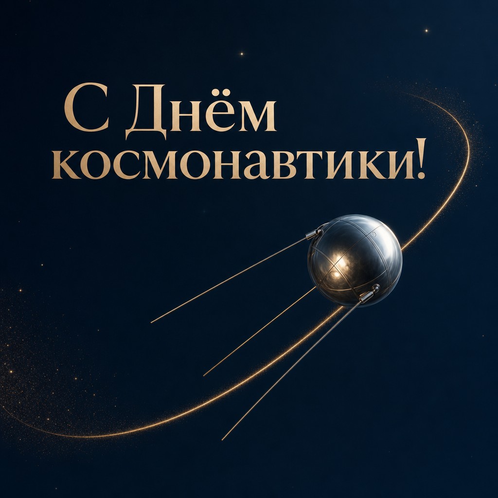 Лаконичная премиальная открытка ко Дню космонавтики со спутником и орбитальной линией.