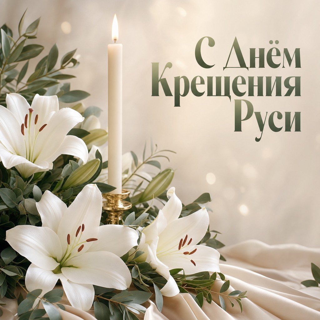Нежная открытка на День Крещения Руси с белыми лилиями, свечой и тёплым праздничным светом.
