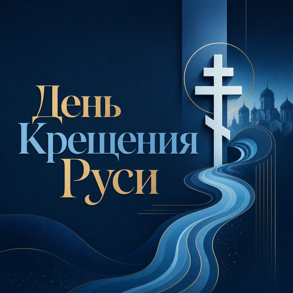 Современная открытка на День Крещения Руси с лаконичным крестом, линией реки и чистой композицией.