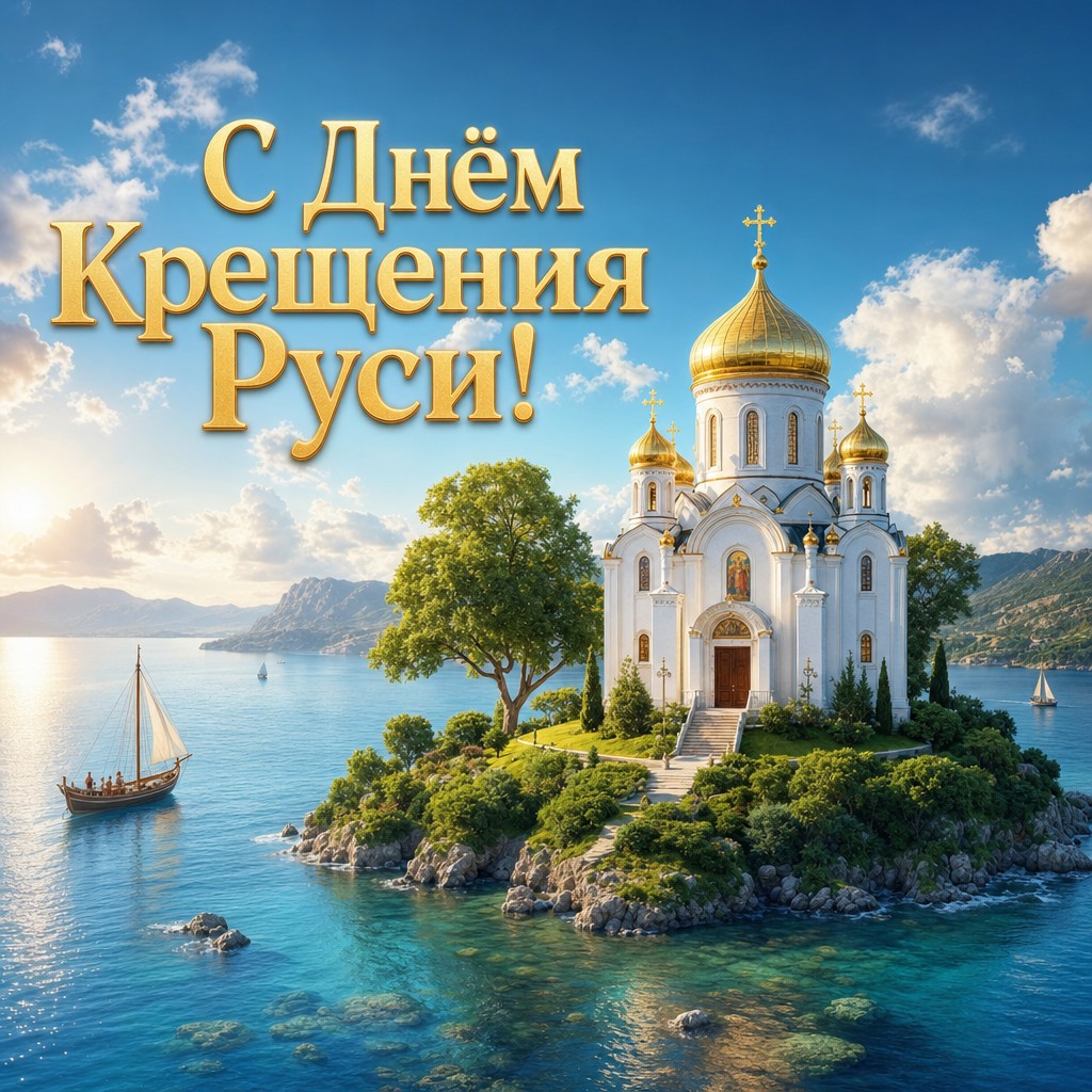 Светлая 3D-открытка на День Крещения Руси с белым храмом, золотыми куполами и водой.