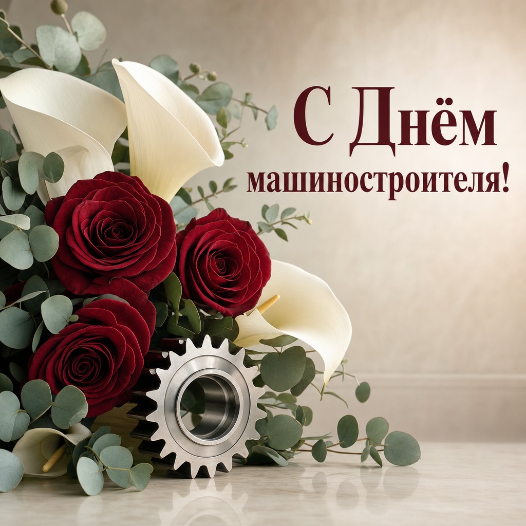 Элегантная открытка ко Дню машиностроителя с реалистичным букетом и стальной шестернёй.