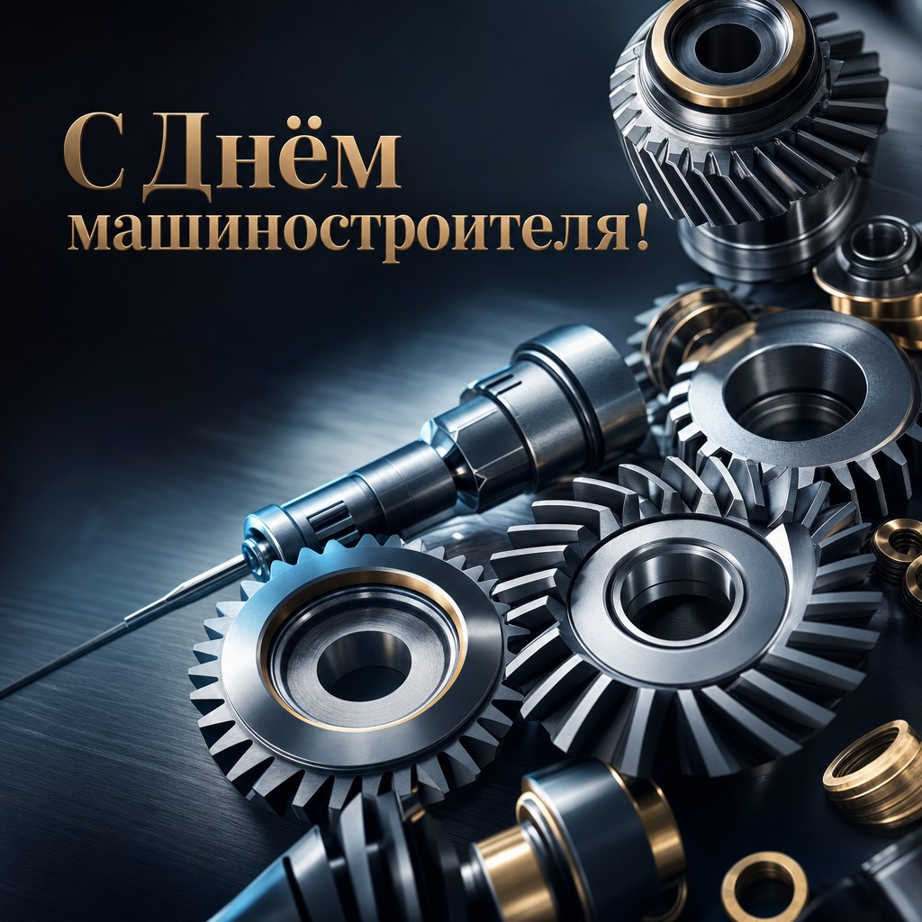 Премиальная открытка ко Дню машиностроителя с полированными шестернями и индустриальным светом.