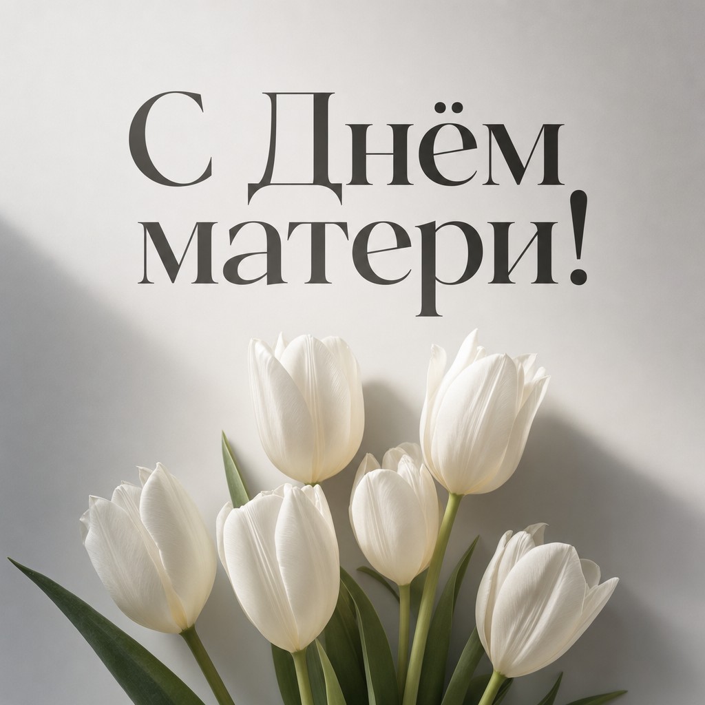 Элегантная минималистичная открытка на День матери с белыми тюльпанами.