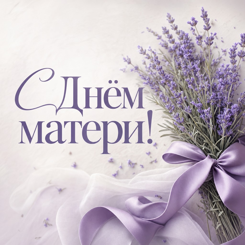 Спокойная пастельная открытка на День матери с букетом лаванды и шёлковой лентой.