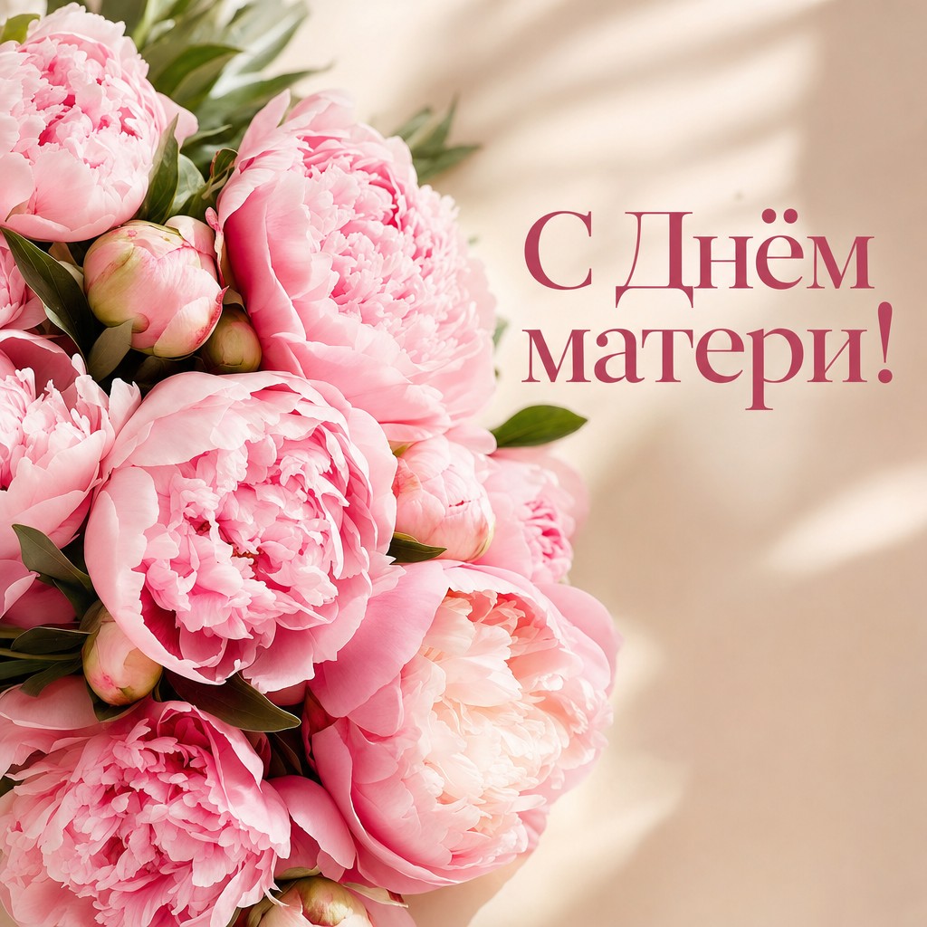 Нежная открытка на День матери с розовыми пионами в премиальном цветочном стиле.