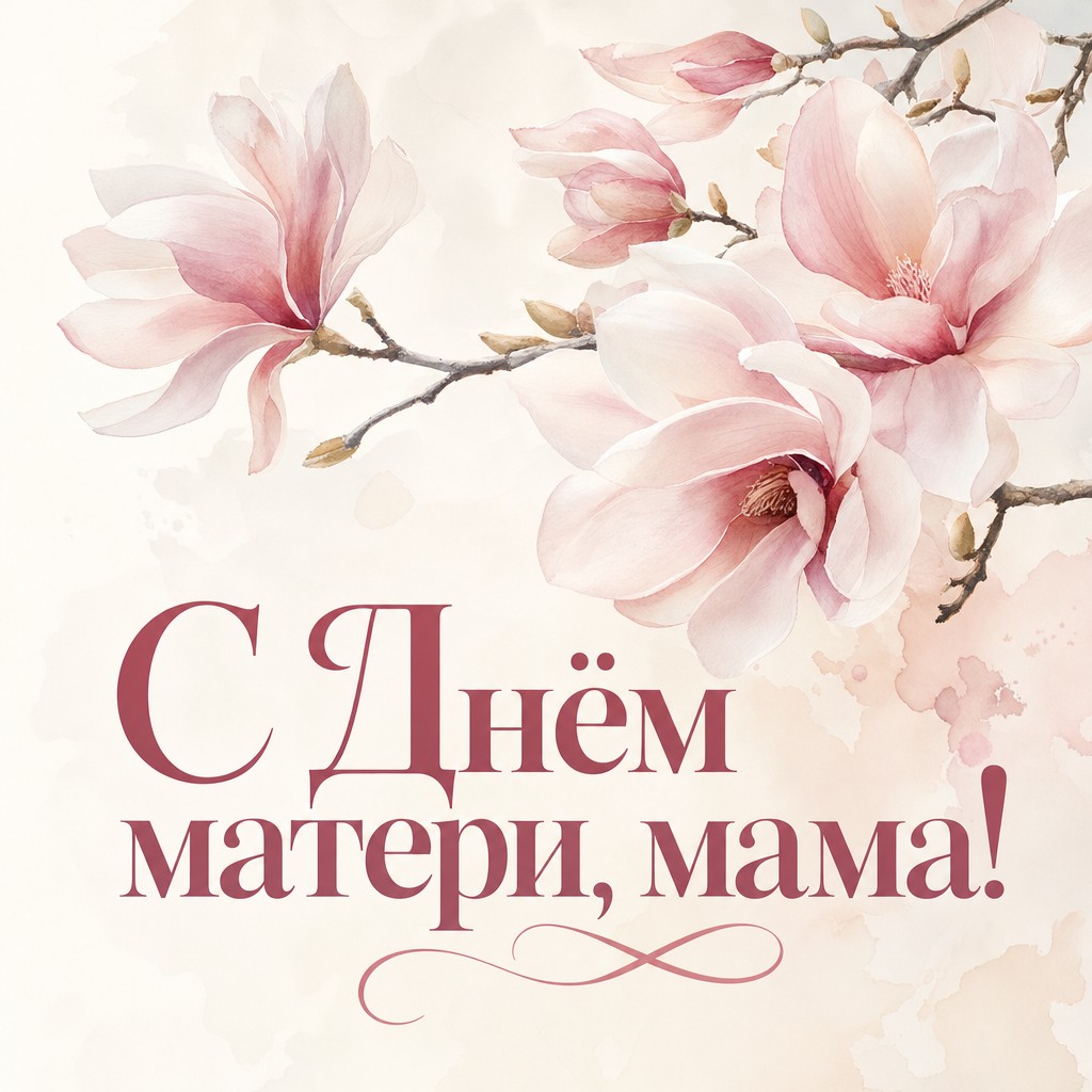 Акварельная открытка на День матери с цветущей магнолией в нежной палитре.