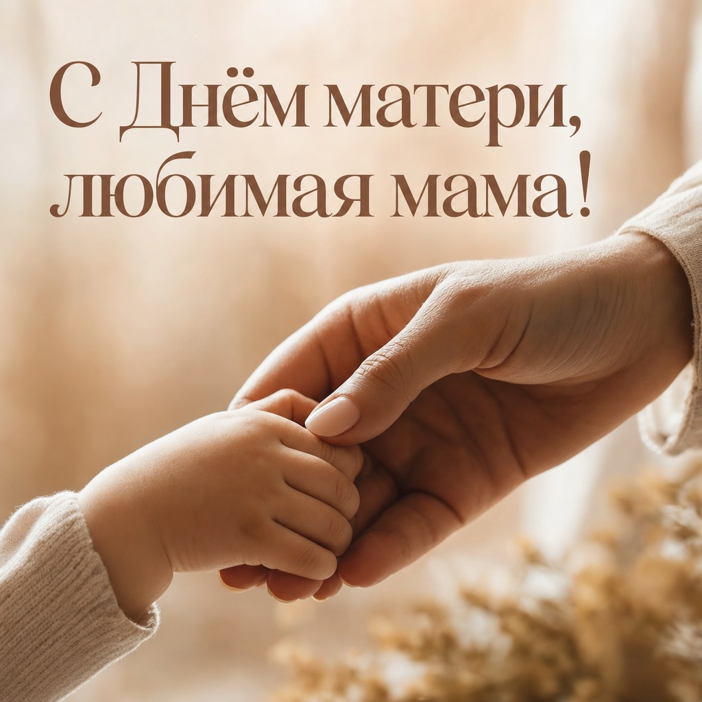 Душевная открытка на День матери с ладонями мамы и ребёнка в кинематографичном свете.
