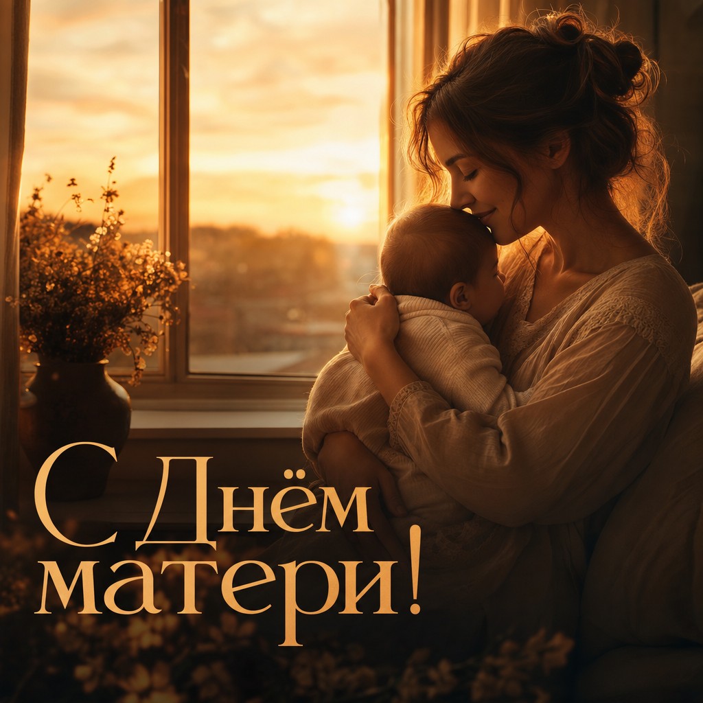 Тёплая открытка на День матери с мамой и малышом в золотом свете у окна.
